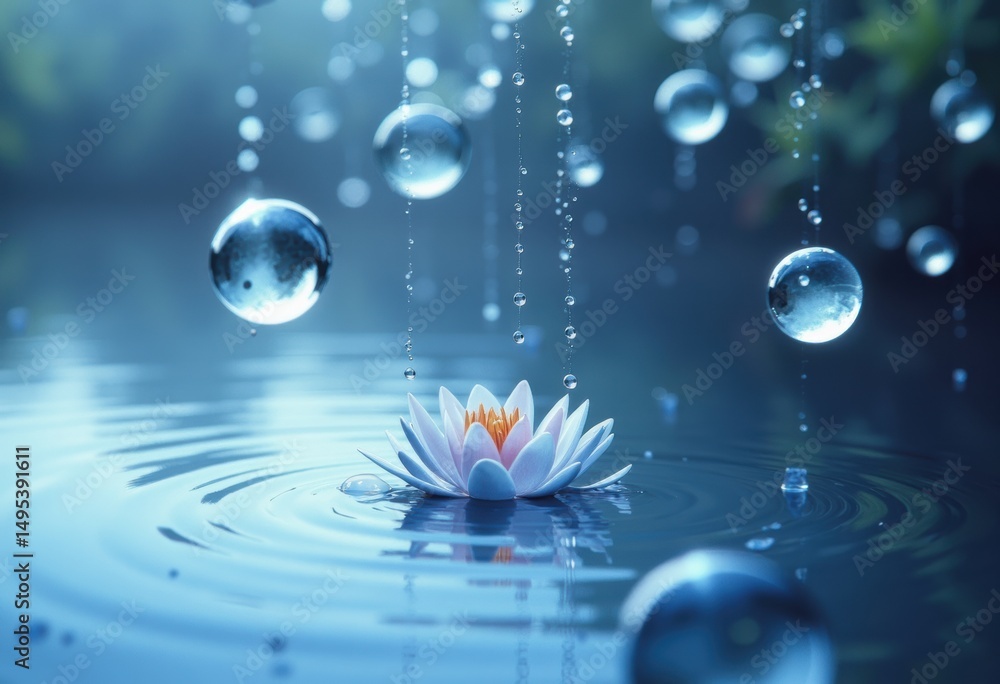 Poster water lily floating on a serene pond with raindrops creating ripples