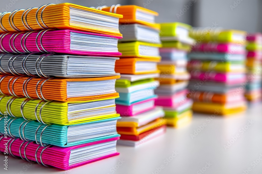 Aufkleber Stacked colorful notebooks arranged neatly on a table in a study environment