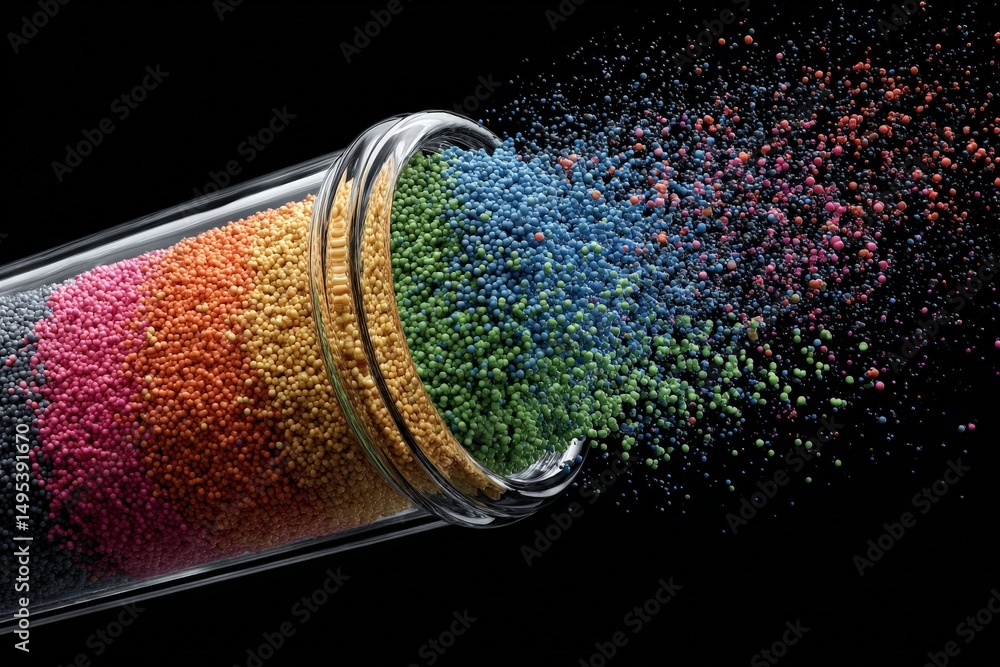 Poster colorful granules spilling from a glass container create a vibrant display against a dark background