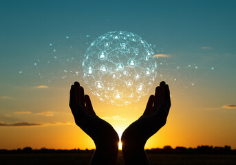 Silhouette Hands Holding Glowing Global Network Sphere at Sunset - Technology & Connection Concept