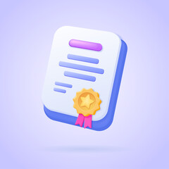 Diploma or certificate with seal in 3d style for education, graduation, or award concept – 3d vector illustration. Isolated vector icon.
