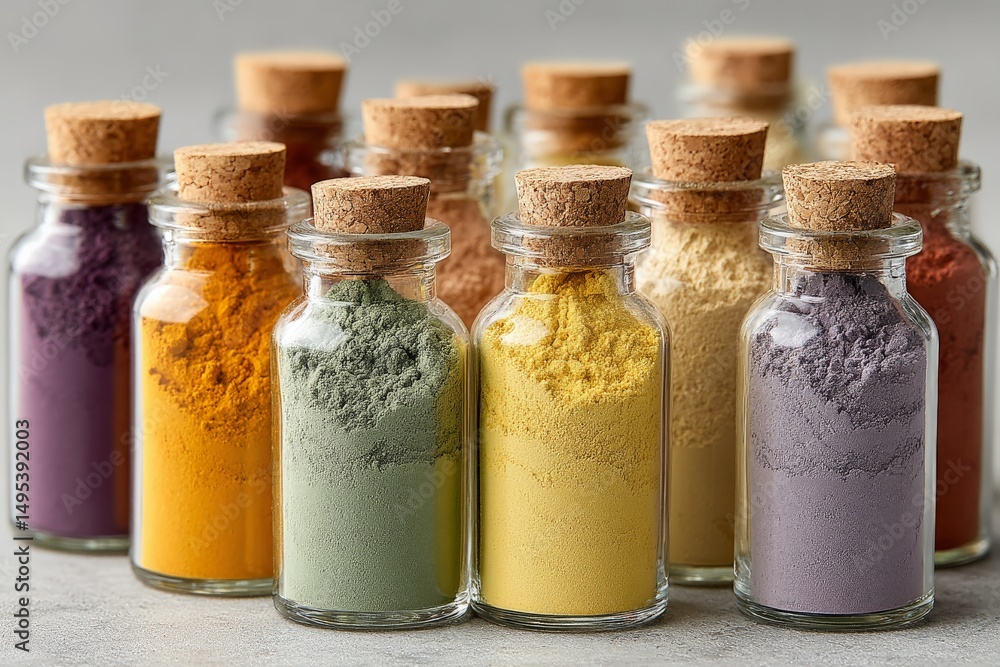 Poster colorful spice jars lined up on a shelf showcasing a variety of vibrant powders for culinary use