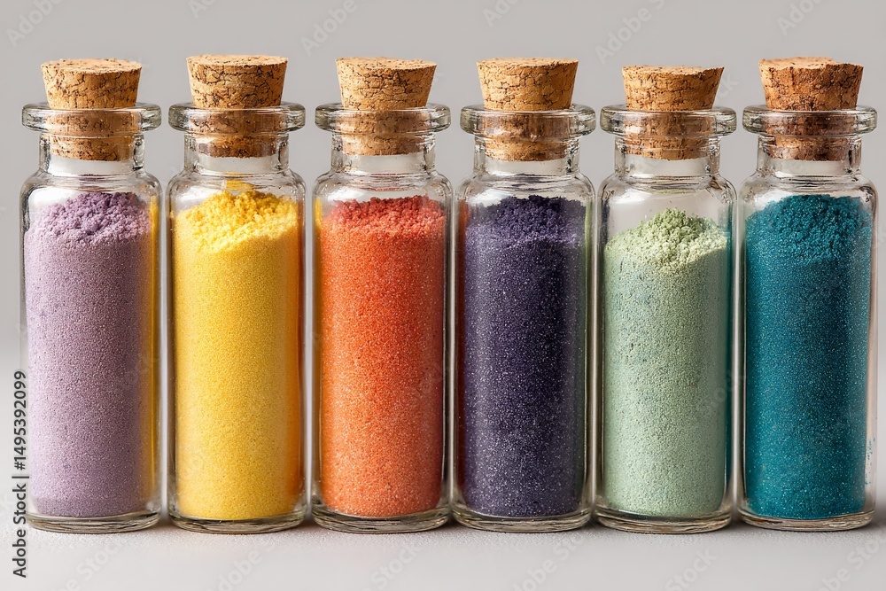 Aufkleber Colorful powdered pigments displayed in glass vials with corks arranged in a row on a neutral backdrop