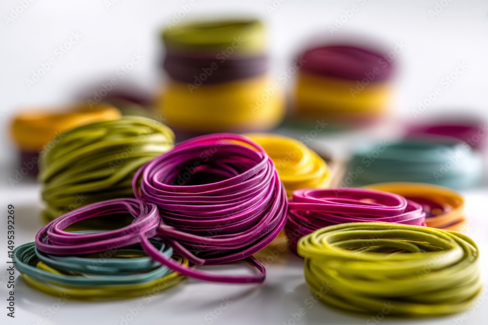 Aufkleber Colorful rubber bands arranged in an artistic display on a white surface, showcasing a variety of hues and circular shapes