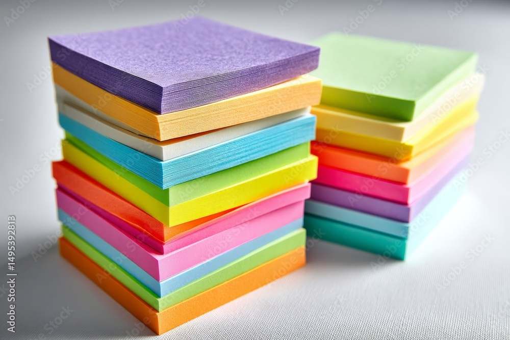 Poster colorful sticky notes stacked in an organized manner highlighting creativity and organization in an 