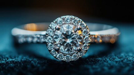 Fototapeta premium Halo diamond ring on dark velvet, radiant and regal with a luxurious central stone.