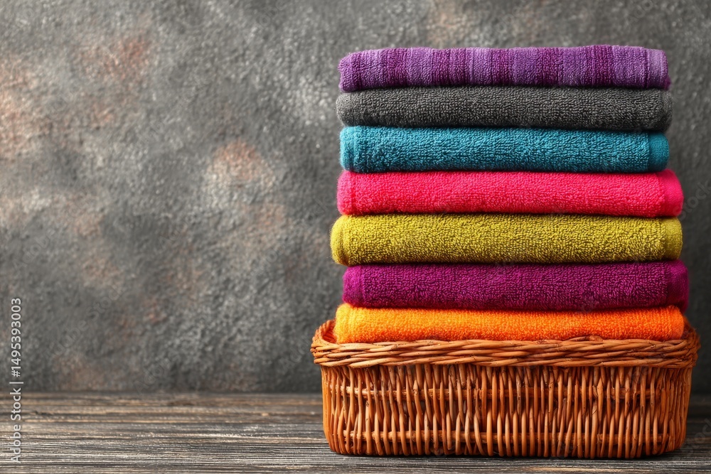 Poster stacked colorful towels in a woven basket against a textured background