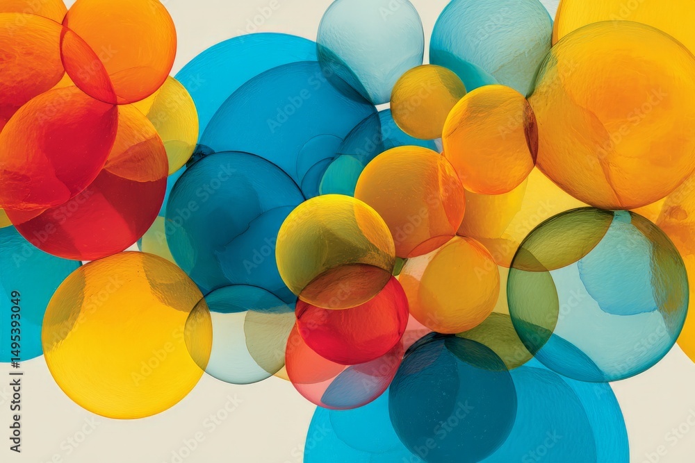 Poster Colorful abstract bubbles in varying sizes and transparency create a vibrant visual display in hues of blue, orange, and yellow