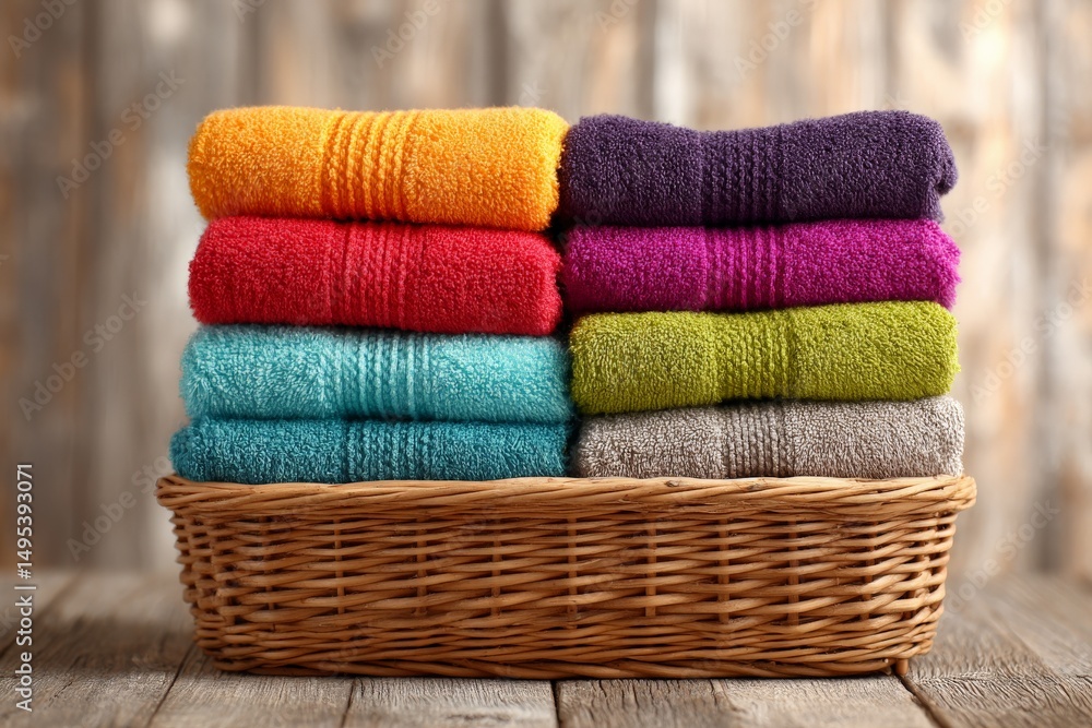 Poster Colorful towels stacked neatly in a wicker basket on a rustic wooden table