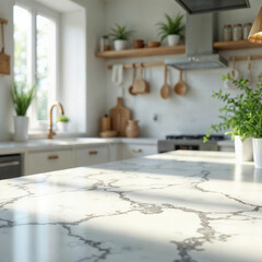 Bright Modern Kitchen Interior with White Marble Countertop and Natural Light – Photorealistic Shallow Depth of Field