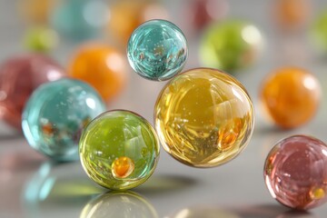 Colorful glass spheres float gently in a bright and artistic arrangement on a reflective surface