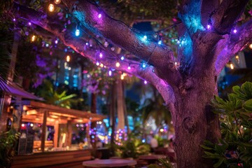 Fototapeta premium Colorful string lights illuminate a vibrant outdoor space at night near a bar in a tropical setting
