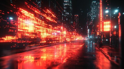 Neon-lit, rain-slicked city street, data stream overlays