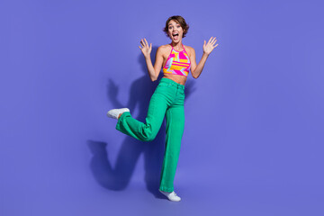 Photo of cheerful glad joyful woman wear stylish outfit wow unexpected unbelievable special price...