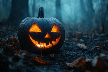 Glowing jack-o'-lantern in forest.