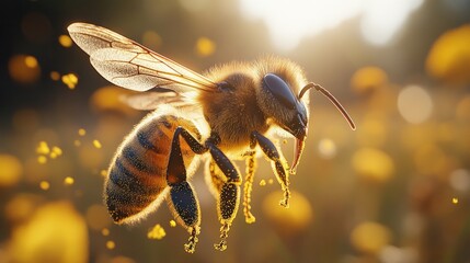 Fototapeta premium Golden Hour Bee: A Close-Up of a Honeybee in Flight