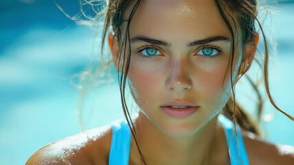Closeup of a sweaty young woman in activewear, looking intense and focused after a workout by the water - Powered by Adobe