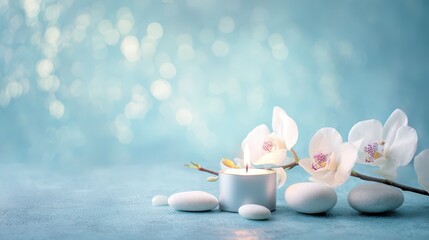Serene Arrangement of White Orchids and Candle Surrounded by Smooth Stones on Soft Blue Background for Tranquil Ambiance and Relaxation Themes