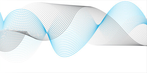 Create an abstract digital artwork featuring a flowing ribbon-like wave with smooth gradients of blue and gray tones. The wave should have a 3D illusion with soft shadows and a sense of motion, 