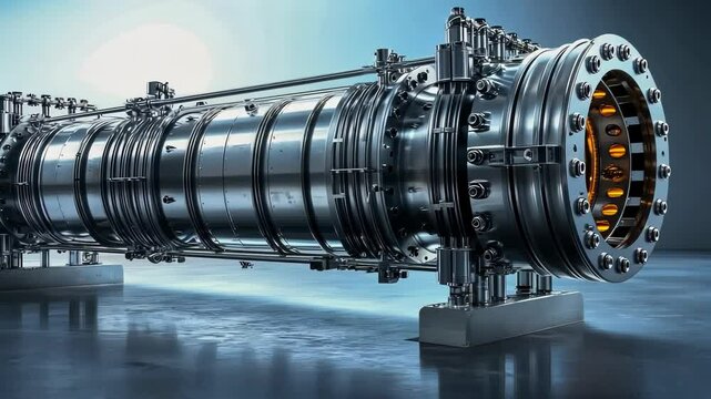 Industrial shell and tube heat exchanger in a modern facility, glowing with warm orange lights, detailed metallic surfaces, and futuristic atmosphere
