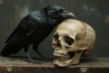 Black bird perched on human skull, contrasting symbols of life and death.