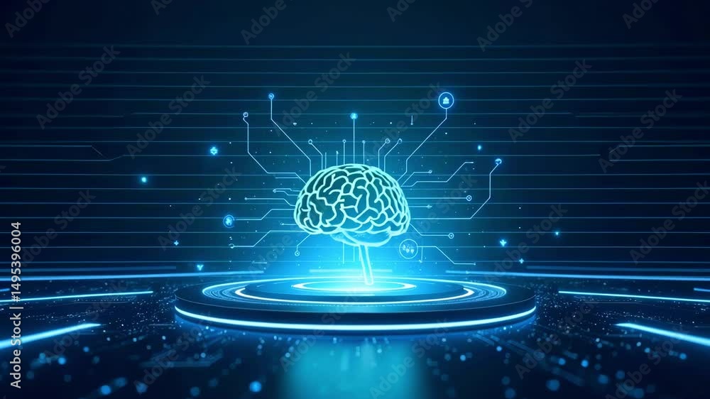 Poster futuristic digital brain with glowing circuits in a tech-inspired environment, symbolizing ai