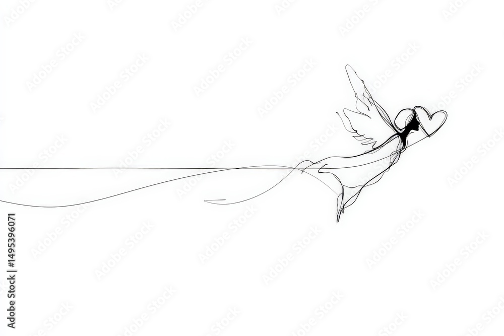 Poster stylized outline of an angel holding a heart floating through the air against a simple white backgro