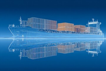 Obraz premium Container ship sailing in clear waters under a bright blue sky reflecting its cargo on a calm day