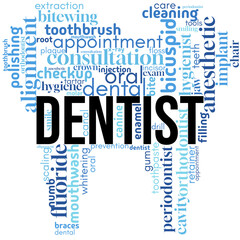 Dentist word cloud featuring terms related to dental care, hygiene, and oral health in a creative typography design. Great for dental clinics, health brochures, and educational visuals