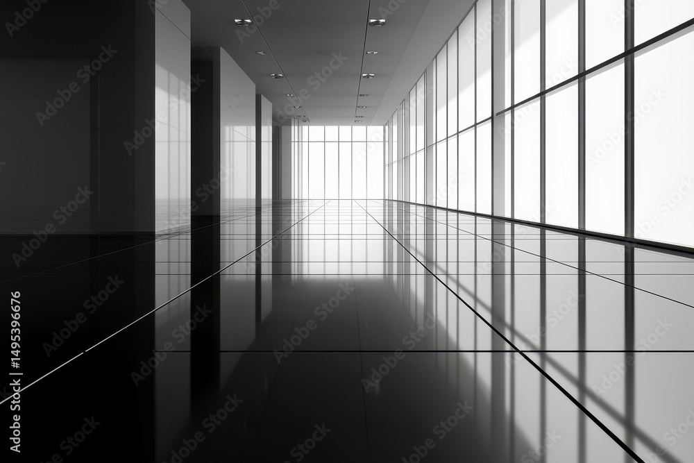 Poster bright hall with black tile floor and large windows. use to show modern architecture or building int