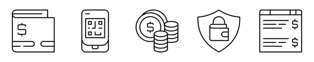 Conjunto de iconos de billetera digital. Pagos, seguridad y finanzas móviles. Tarjeta digital, escaneo QR, monedas, protección, gestión online. Ilustración vectorial