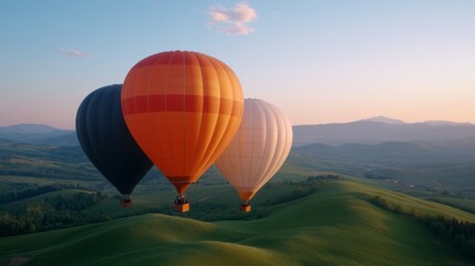 Obraz premium Colorful Hot Air Balloons Flying Over Green Hills at Sunrise in a Clear Blue Sky