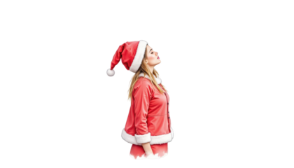 A woman in santa hat and red jacket embraces the festive holiday season festive