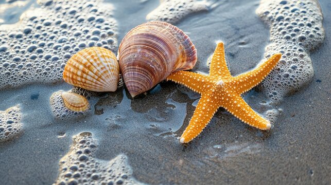 variety of seashells and a bright starfish sitting together on the soft, wet sand as the summer tide gently rises and falls.