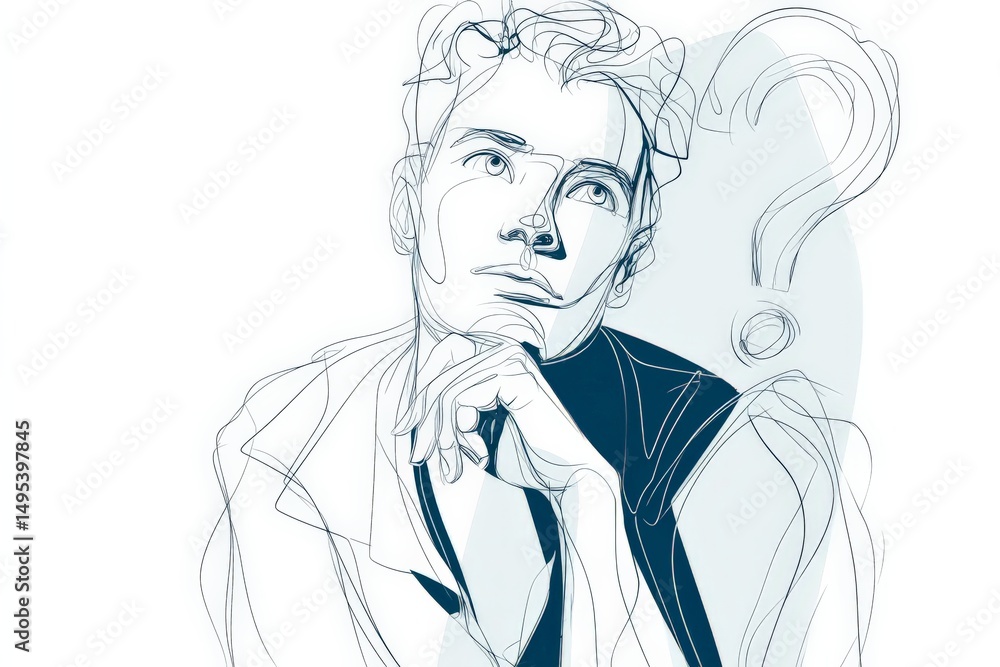 Poster portrait of a thoughtful young man pondering a question in a minimalist artistic style, showcasing c