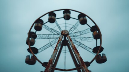 Rusty Ferris Wheel Under Cloudy Sky in Abandoned Amusement Park Setting with Dramatic Mood