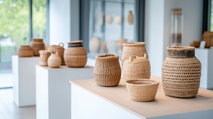 Fototapeta premium Collection of Handcrafted Baskets Displayed in Modern Exhibition Space