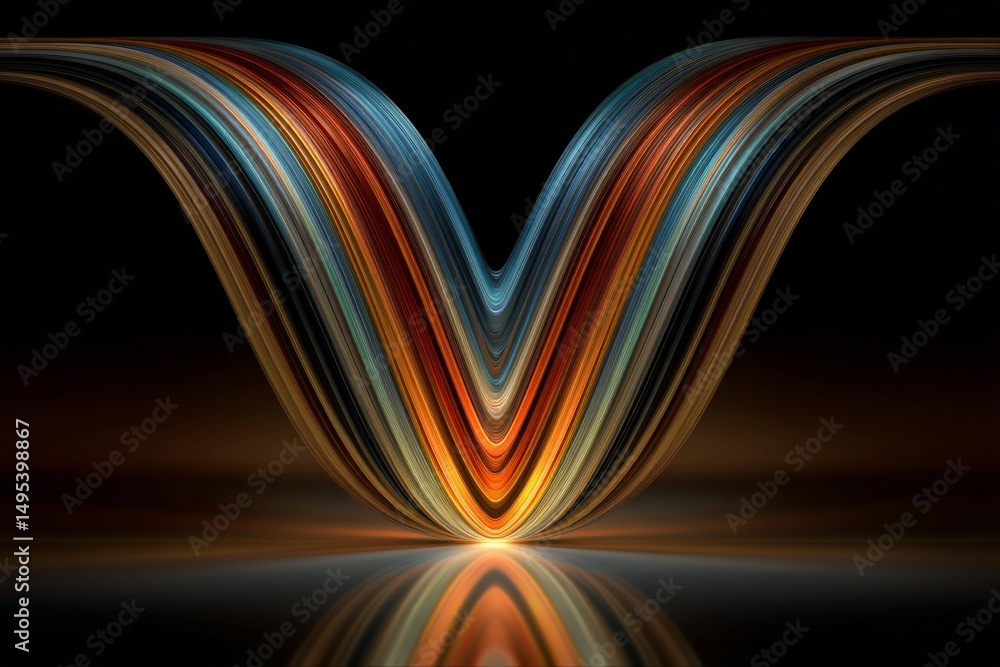 Poster Colorful flowing lines create a vibrant abstract shape in a dark background with smooth reflections