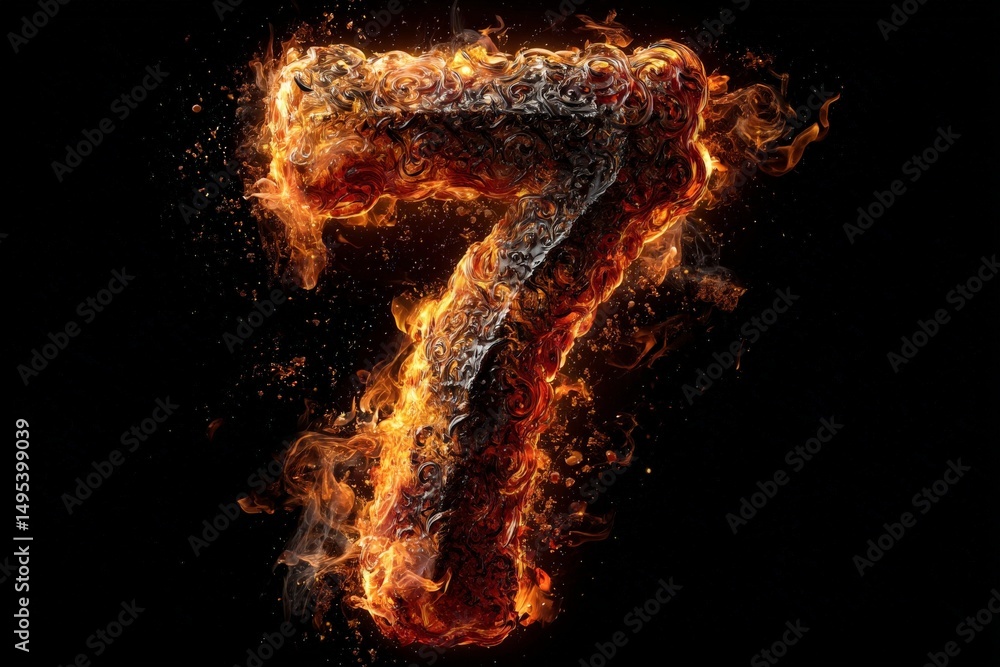 Fototapete Flaming number seven created with intricate designs and fiery elements set against a dark background