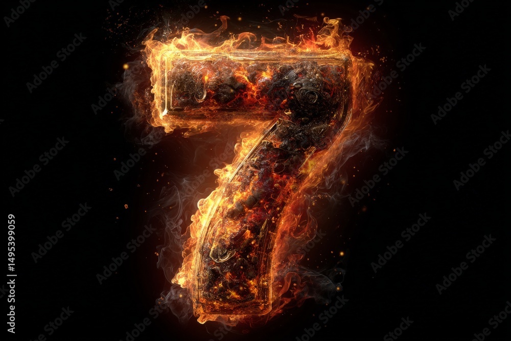 Poster Number seven illuminated by fiery flames against a black background creating a dramatic visual effect and capturing attention