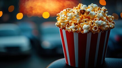 Popcorn in a red and white striped container, cinema setting