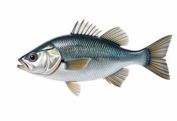 Fototapeta premium Realistic Sea Bass Fish Side View on White Background