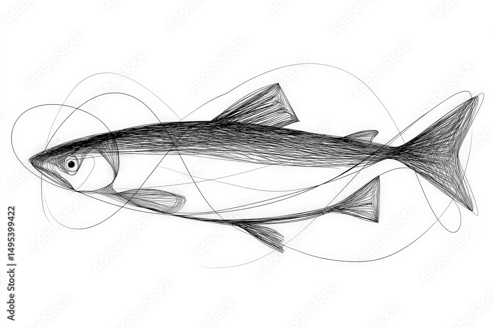 Poster detailed sketch of a fish demonstrating fluid motion through delicate lines at a marine-themed art e