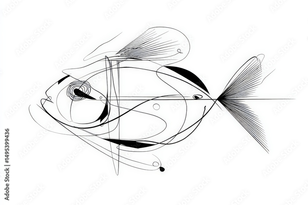 Poster Abstract art representation of a fish using lines and curves in black and white colors on a plain background
