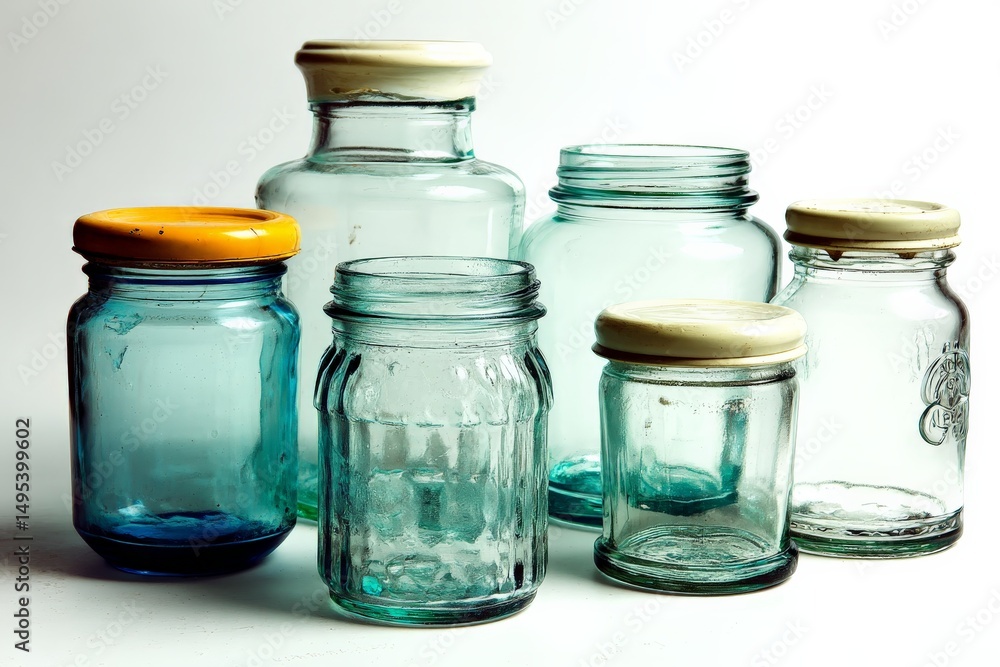 Aufkleber collection of assorted glass jars in various shapes and sizes on a light background ready for use in