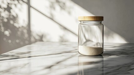 A transparent glass jar with an airtight bamboo lid standing empty on a marble countertop, minimalist modern kitchen setting