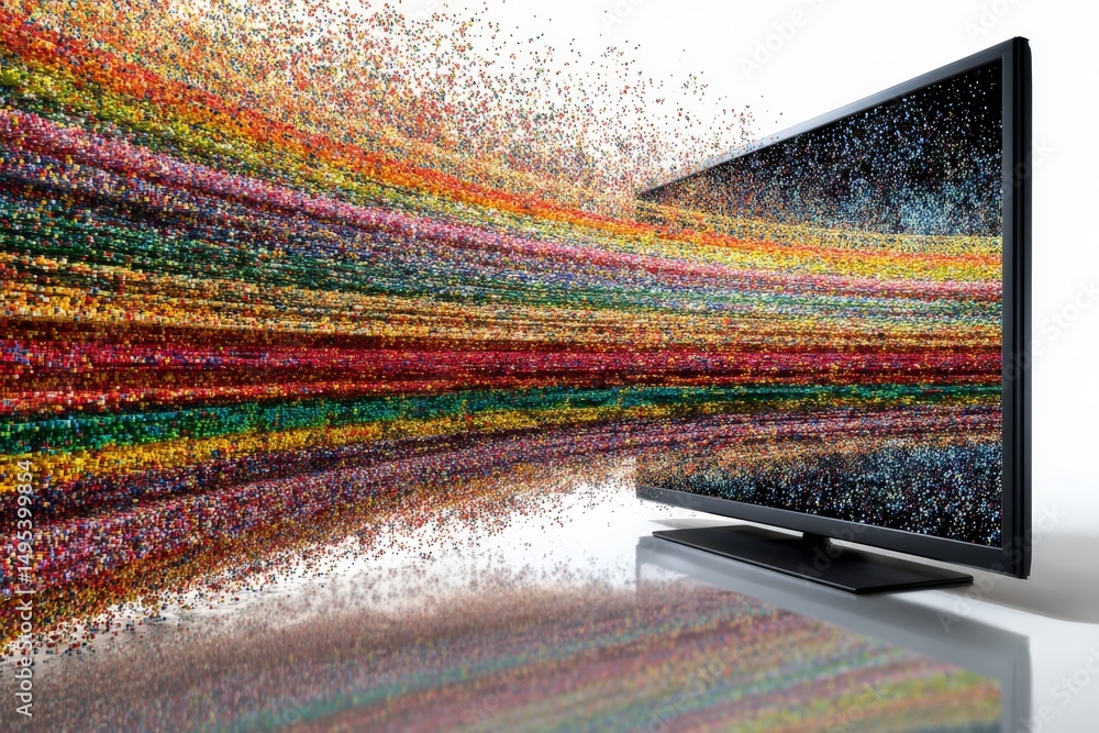 Poster Colorful particles streaming from a television showcasing a dynamic visual explosion of creativity and technology in a modern setting
