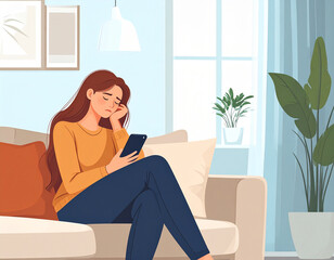 Illustration of a sad young woman sitting on a sofa, holding a smartphone with a worried expression. Cozy living room interior with soft colors and houseplants.