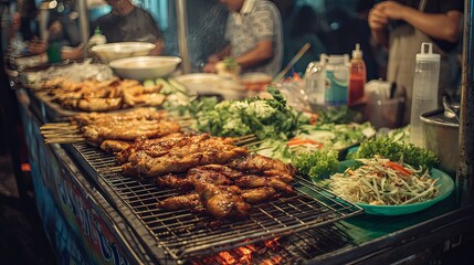 Obraz premium Grilling delicious skewers at a night market street food urban environment culinary experience