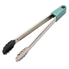 Fototapeta premium Metal tongs with a turquoise handle and black and silver gripping surfaces.